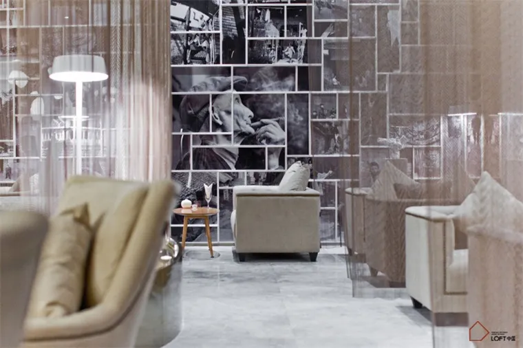 Modern living room interior with glass and marble features