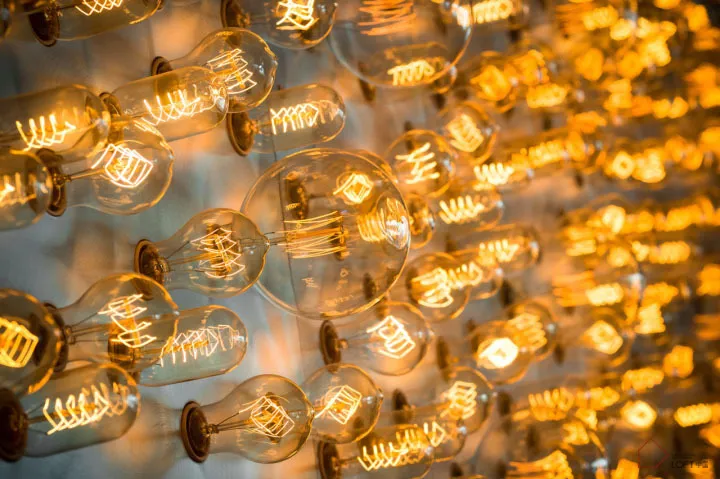 Multiple clear glass light bulbs with an industrial spiral filament hanging on a wall.