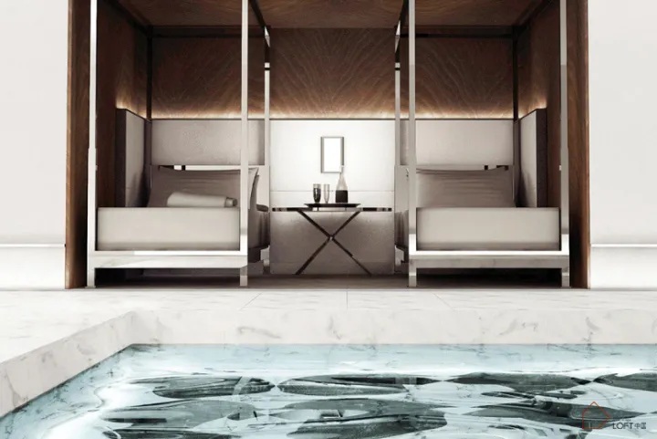 A modern hot tub suite featuring marble and concrete materials