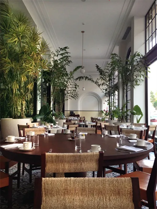 Restaurant interior with wooden furniture, woven placemats, and potted plants.