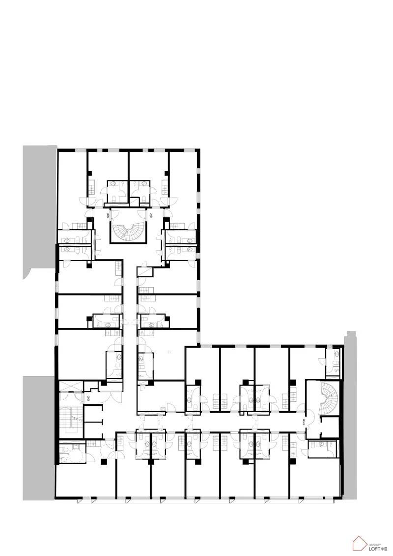 A detailed architectural drawing of a modern office space layout.