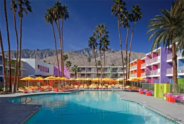 Poolside lounge area with colorful architectural elements