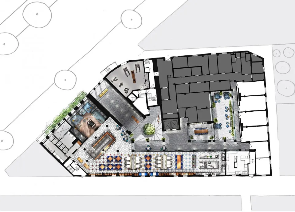 An architectural floor plan showcasing the patio furniture layout of a restaurant.