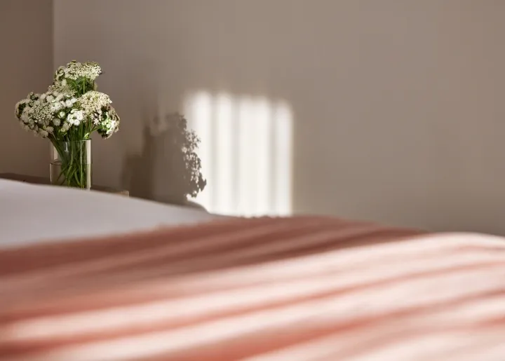 臥室內的花瓶花卉佈置，在粉色毯子上投下陰影。