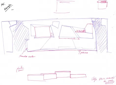 A detailed rendering of modern furniture, including tables, chairs, and other design elements.