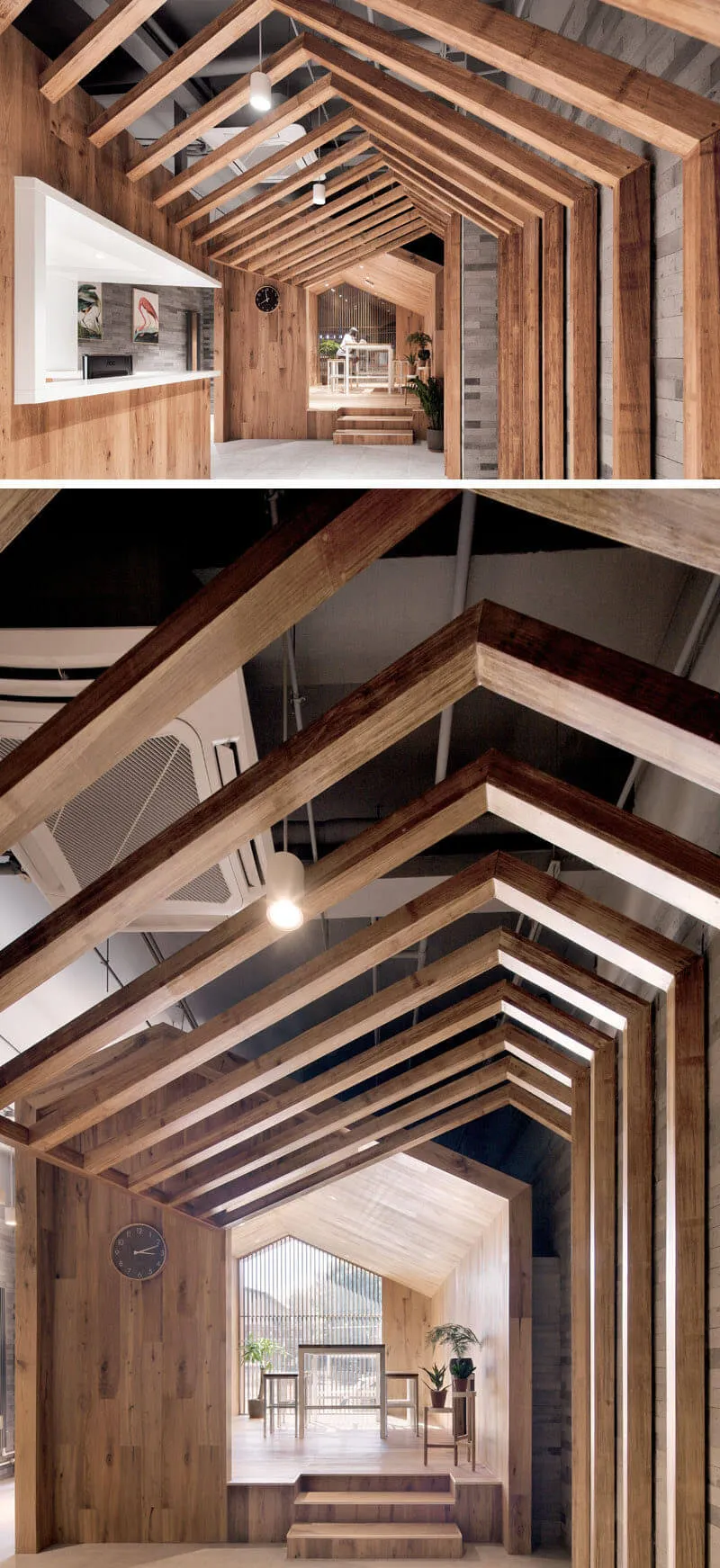 A modern interior design featuring a wooden ceiling and walls.