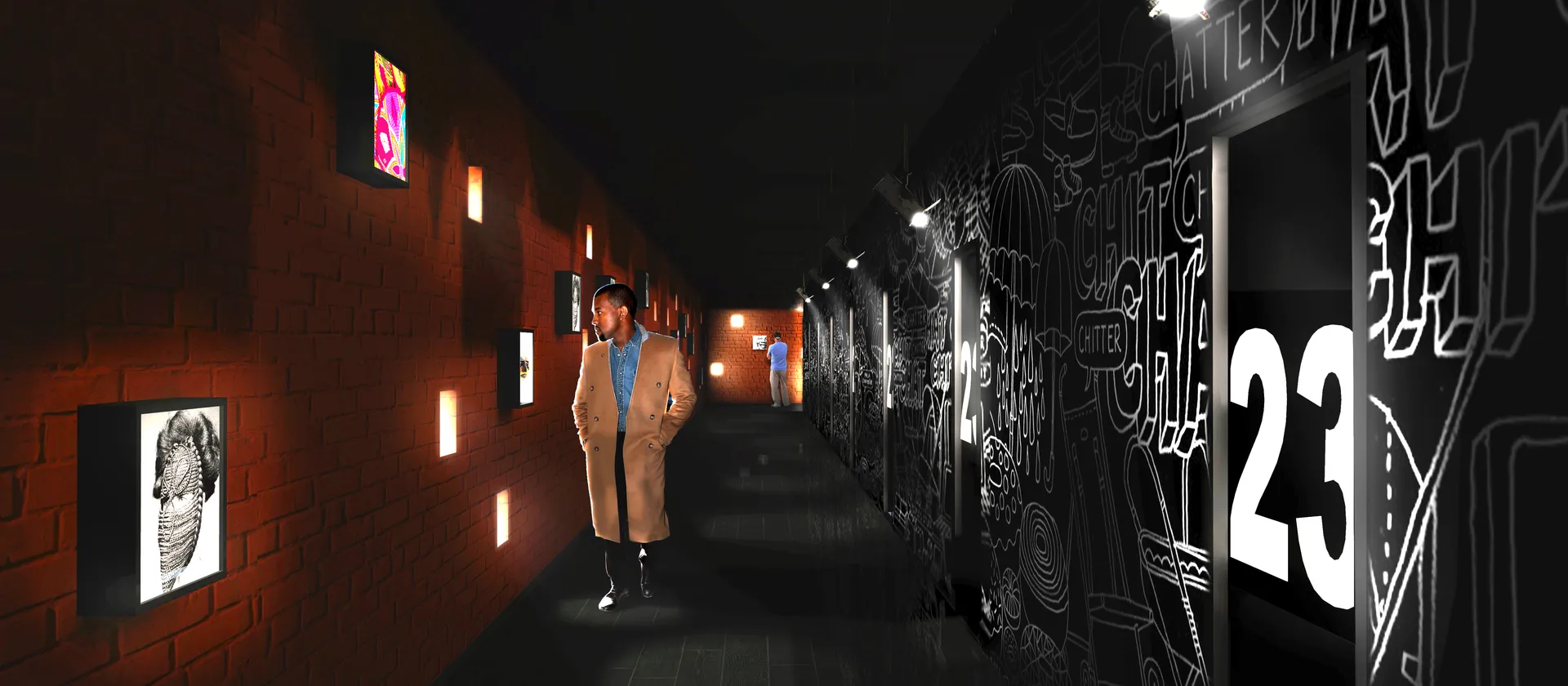 A modern interior corridor with brick walls and concrete flooring.