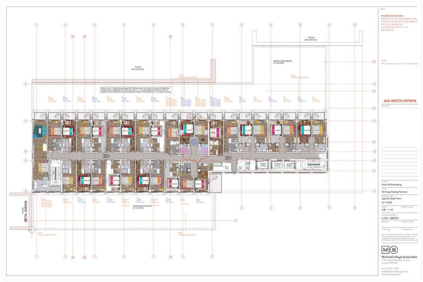 Floor plan of a hotel room layout with detailed sections and labels.