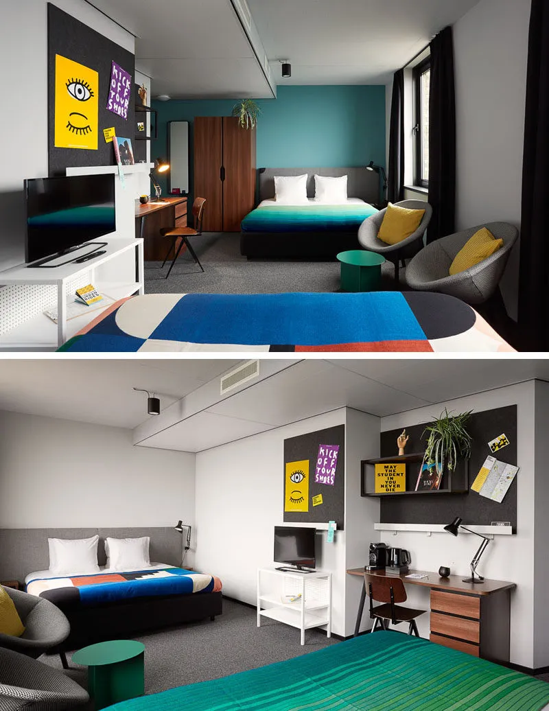 The image depicts a modern minimalist hotel room featuring a bed with a colorful striped bedspread, a desk, a chair, and a te