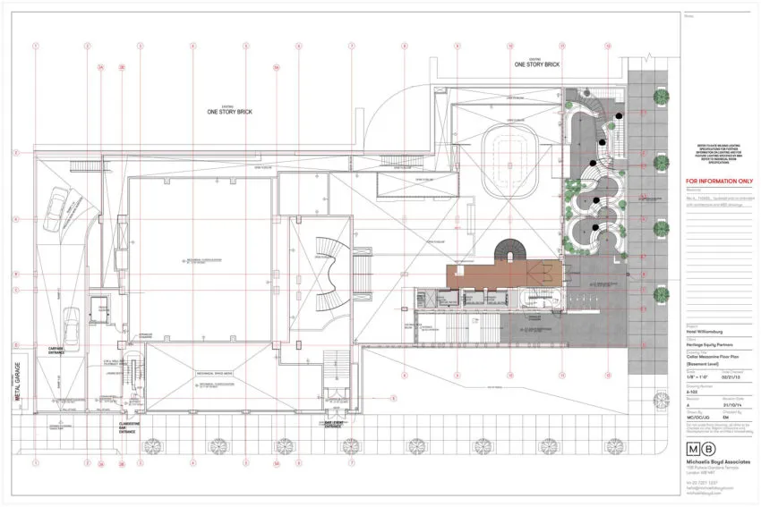 Floor plan of a modern restaurant interior with a metal driveway, wooden seating, glass walls, and concrete flooring.