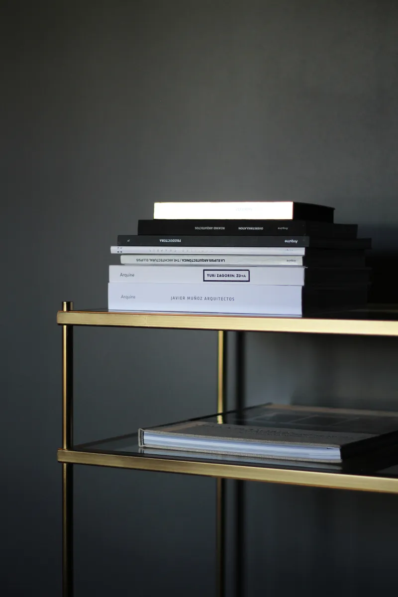 A minimalist bookshelf with black books