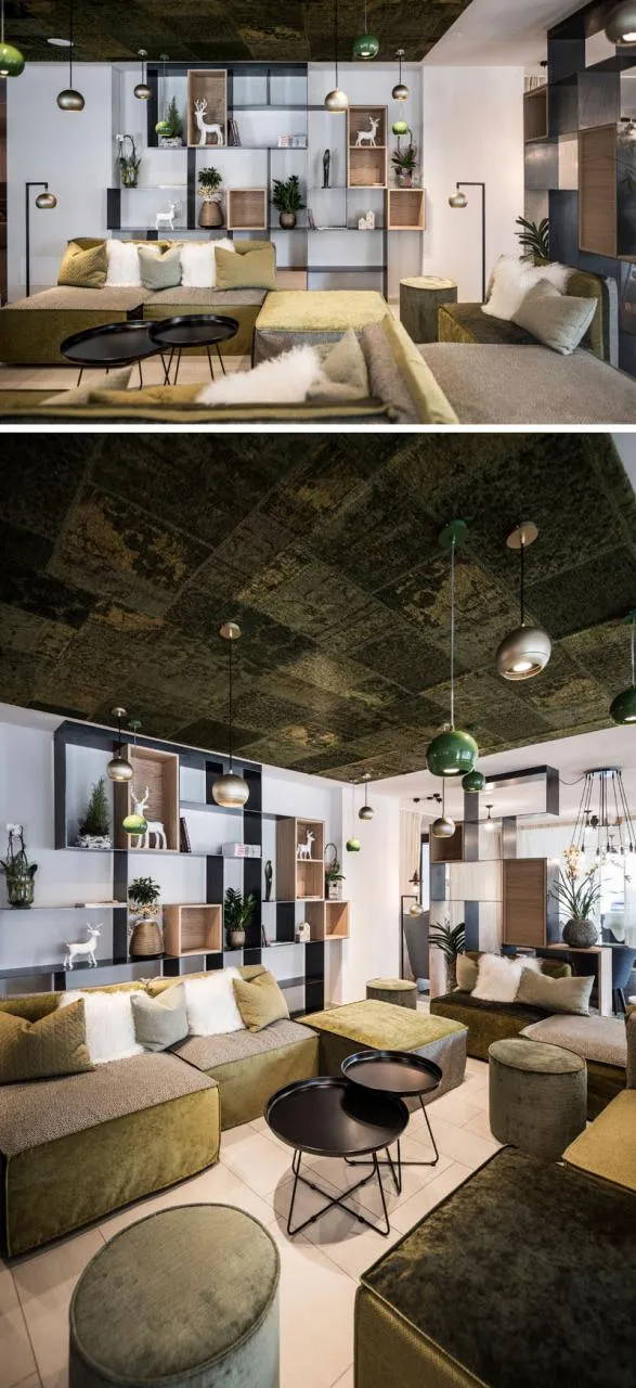 A modern industrial living room with a mix of mixed flooring materials.