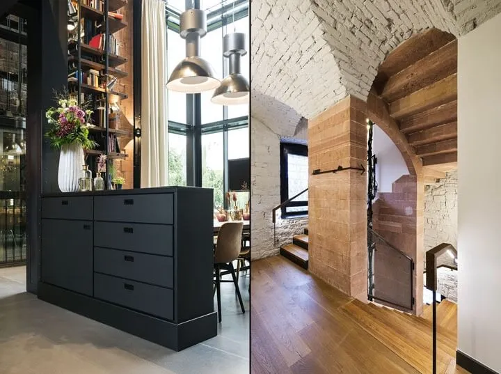 Modern interior design featuring metallic and brick textures, with wooden elements.