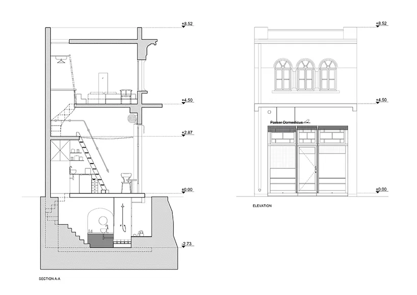 Section view of an architectural interior showing mixed materials and elevations