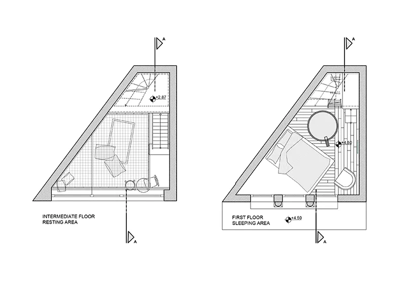 Floor plan of a loft interior design showcasing wooden materials and sleeping area on the first floor, resting area on the in