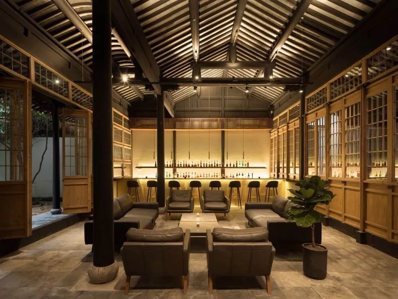 Urban bar lounge with concrete and wooden elements