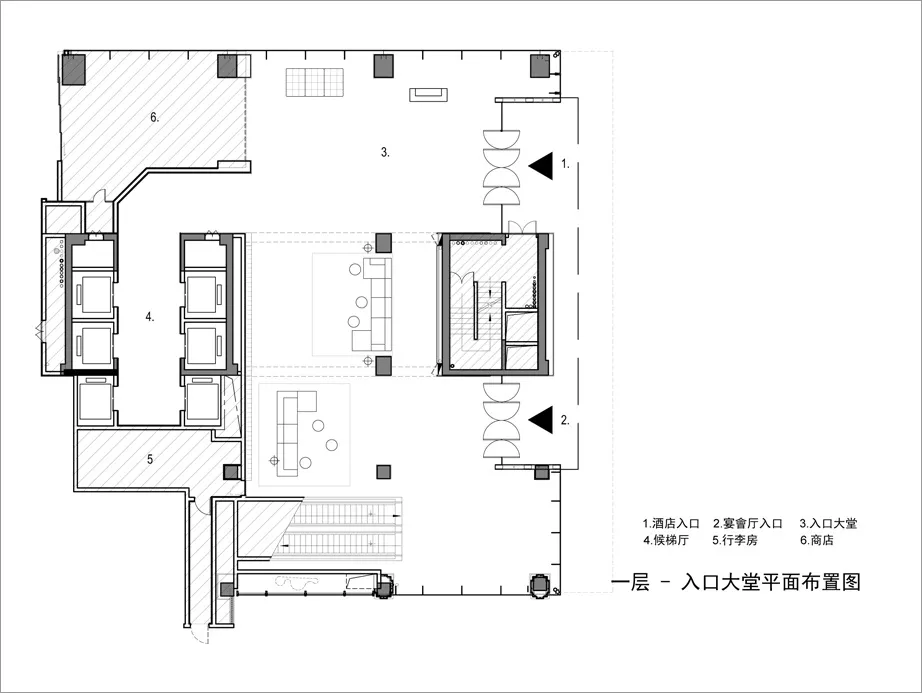 飯店入口區域的詳細建築平面圖，顯示各功能區域與整體配置。