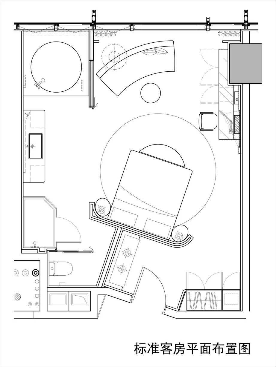 A detailed 2D technical drawing of a modern residential floor plan, featuring a living room, kitchen, bathroom, and bedroom.