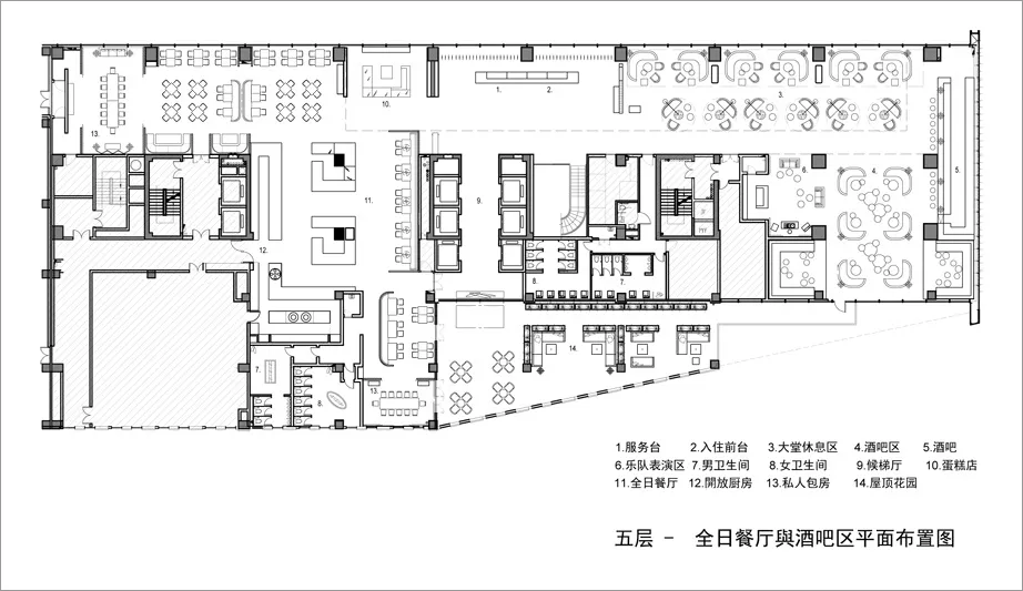 餐廳與酒吧室內平面圖，展示座位安排、電氣配置與家具擺設。