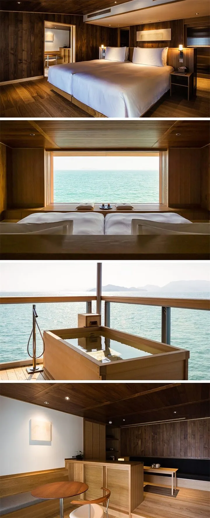 Modern bedroom with a sea view, minimalist design, and wood elements