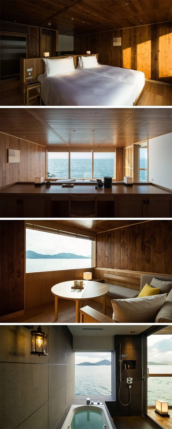 A well-lit wooden sea-view chamber featuring a bed, table, and seating area with an ocean view.