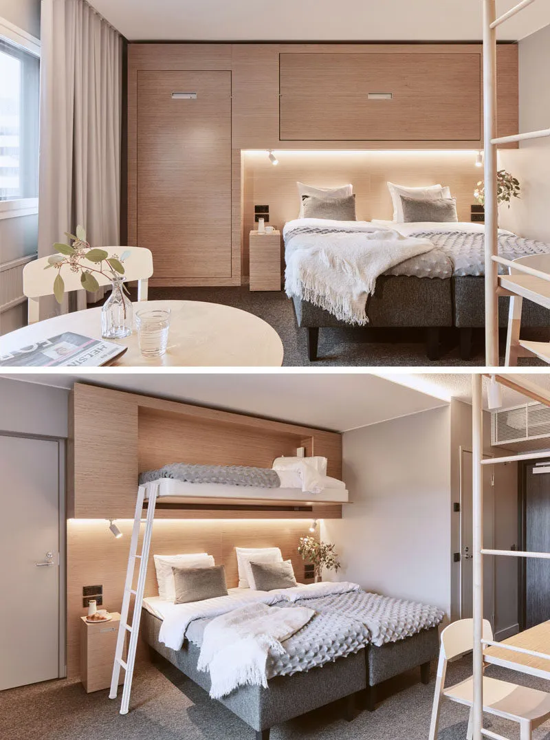 Modern bedroom featuring a unique floating bunk bed design, with a combination of grey beds, minimalistic wooden furniture, a
