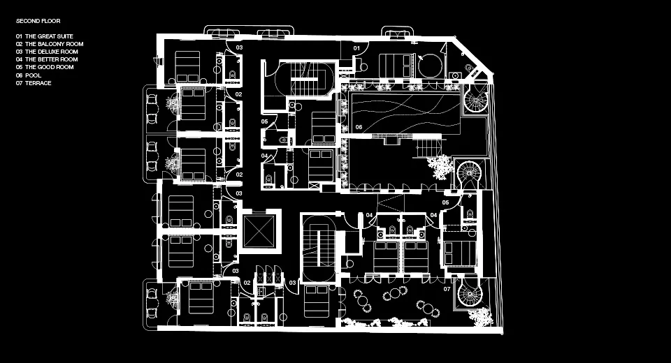 Floor plan of a hotel suite layout on the second floor.