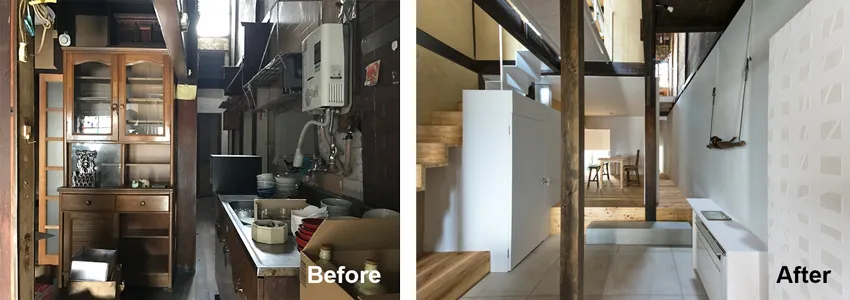 A comparison of a kitchen before and after renovations, showcasing updated appliances and improved lighting.