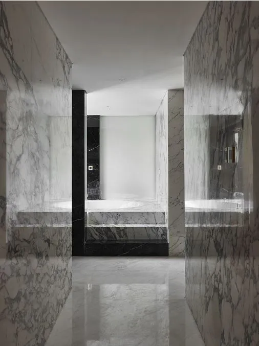 Modern minimalist bathroom with marble walls and flooring