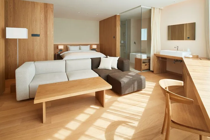 Modern minimalist residential interior featuring a wood floor, white walls, and minimalist furniture.