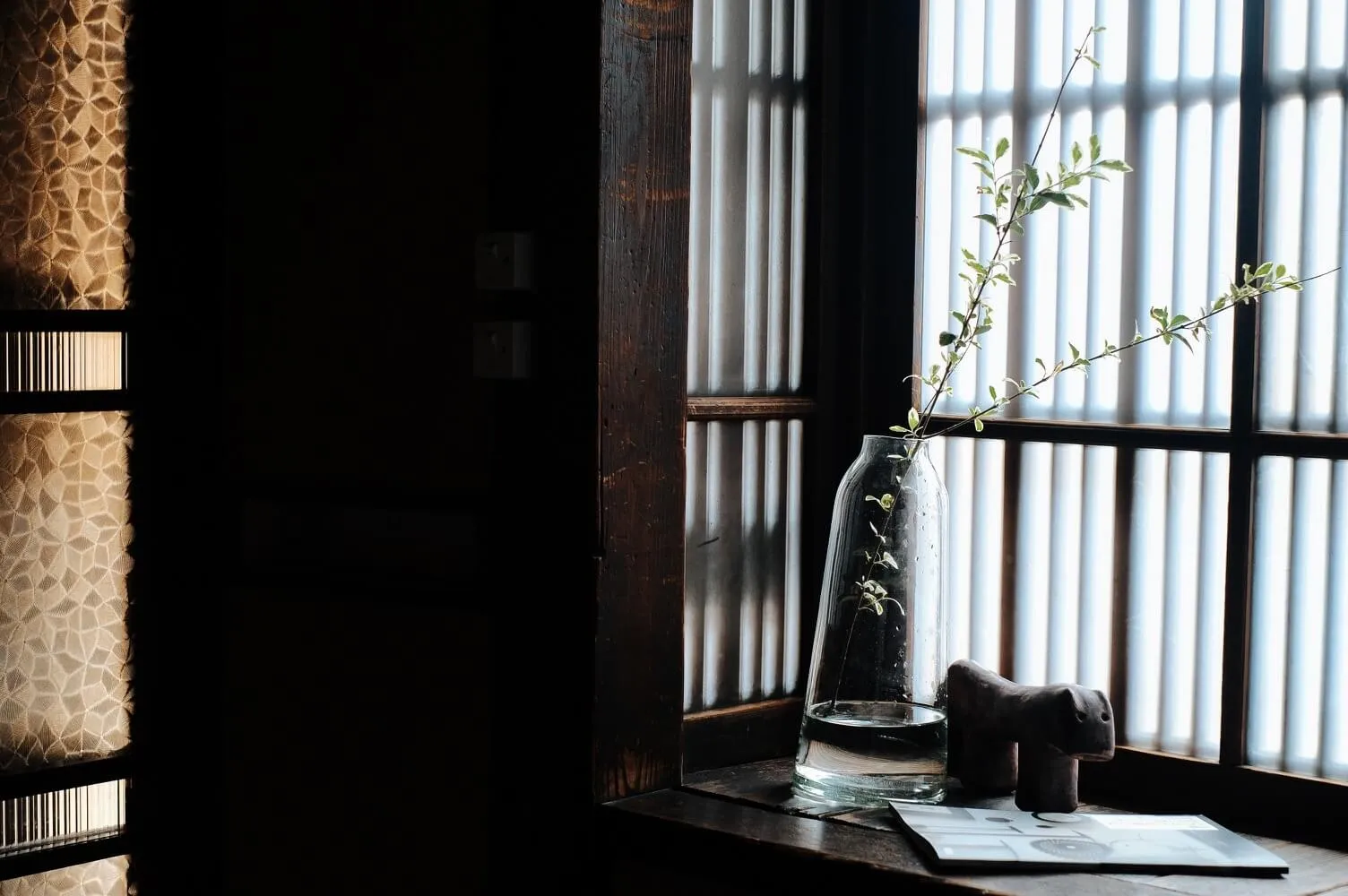 A clear glass vase with a leafy branch on a wooden shelf, illuminated by natural light through a window with horizontal slats
