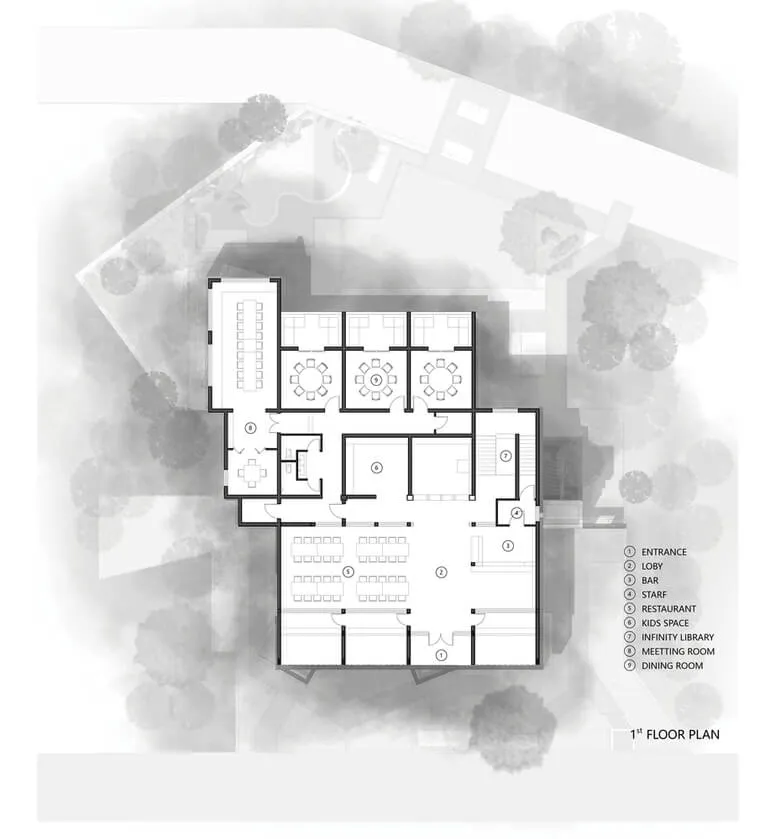 一張描繪現代建築地面層配置的白底建築圖面。