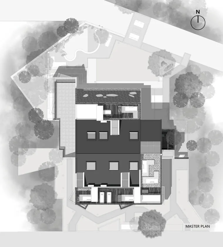 Modern house master plan showcasing contemporary floor plan and layout with concrete structural elements in a minimalist desi