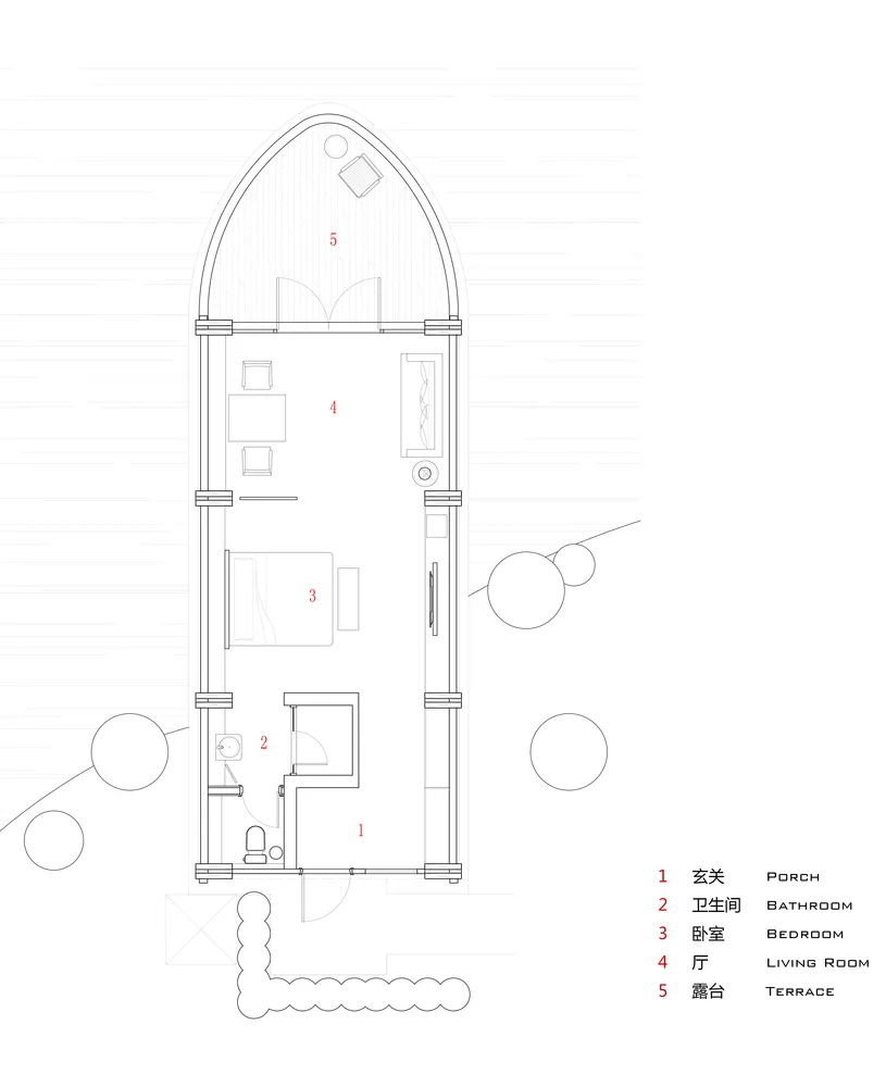 Modern residential interior layout with wooden and glass materials.
