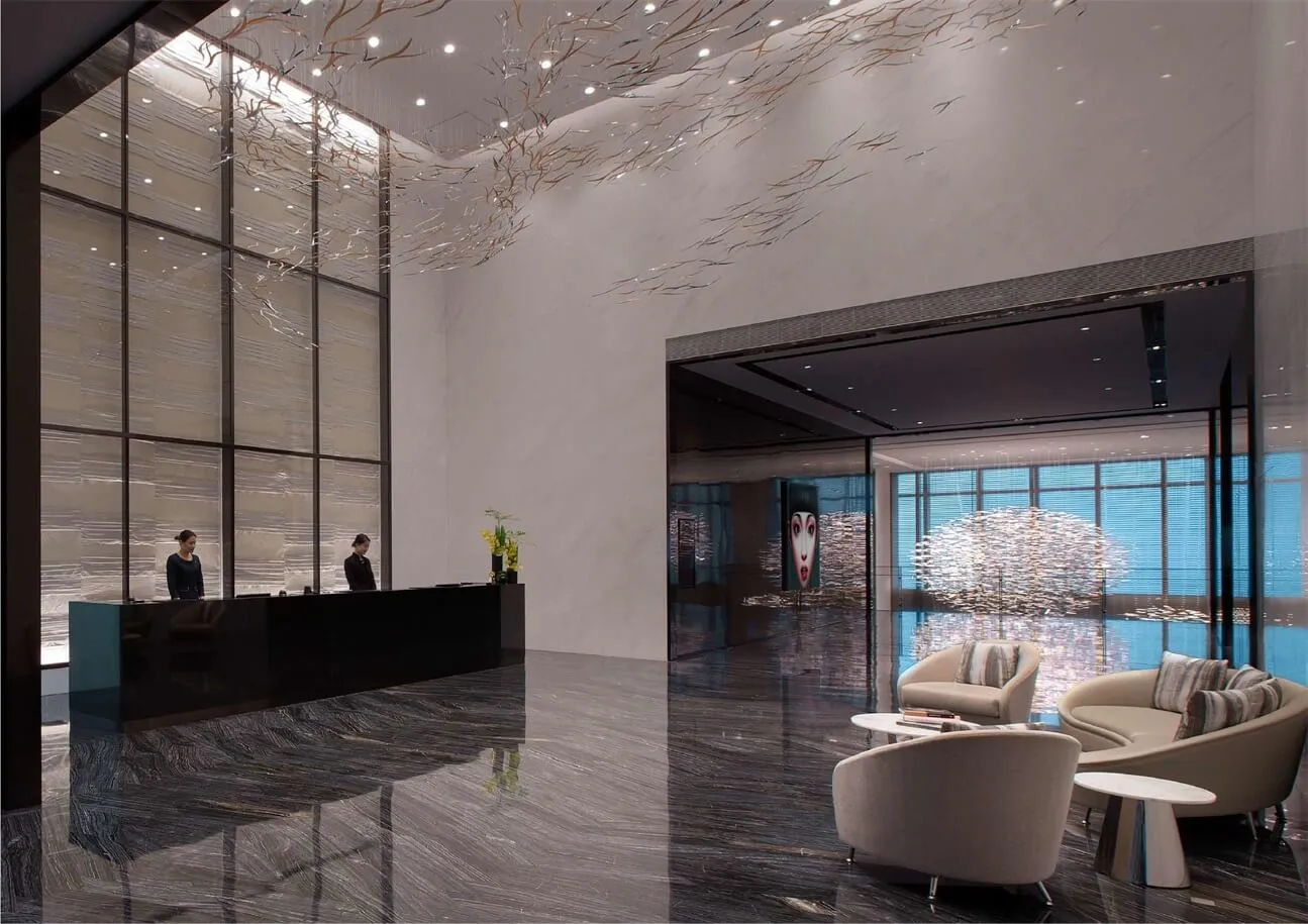 A modern hotel lobby with a glass, marble, and concrete design.