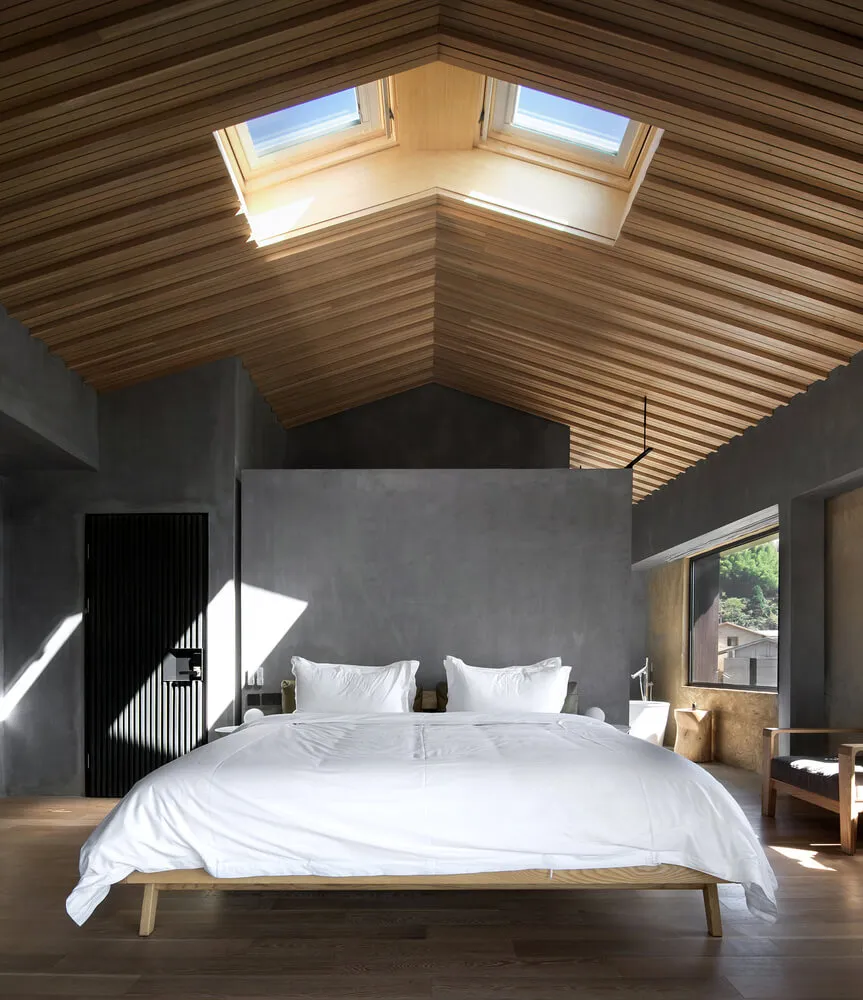 Modern minimalist bedroom featuring a wooden floor, white bedding, and large windows with skylights.