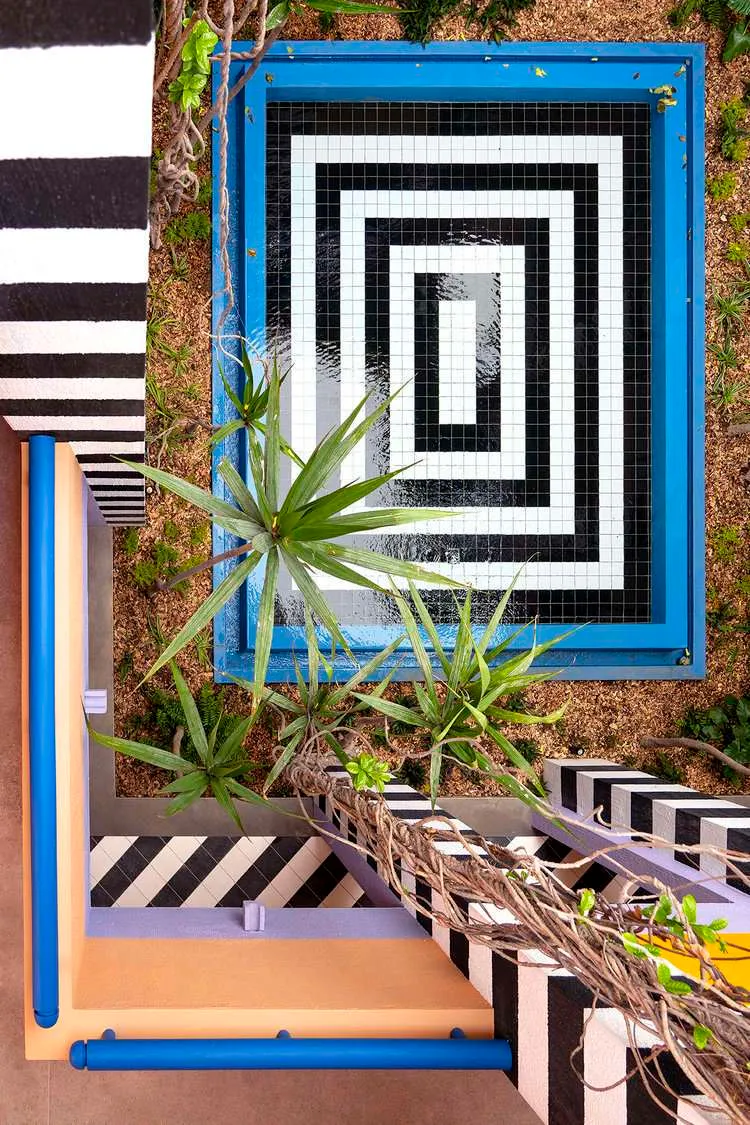 A modern terrarium with a geometric design and blue frame.