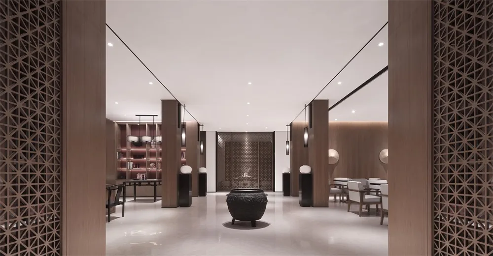 A modern lobby featuring marble and glass