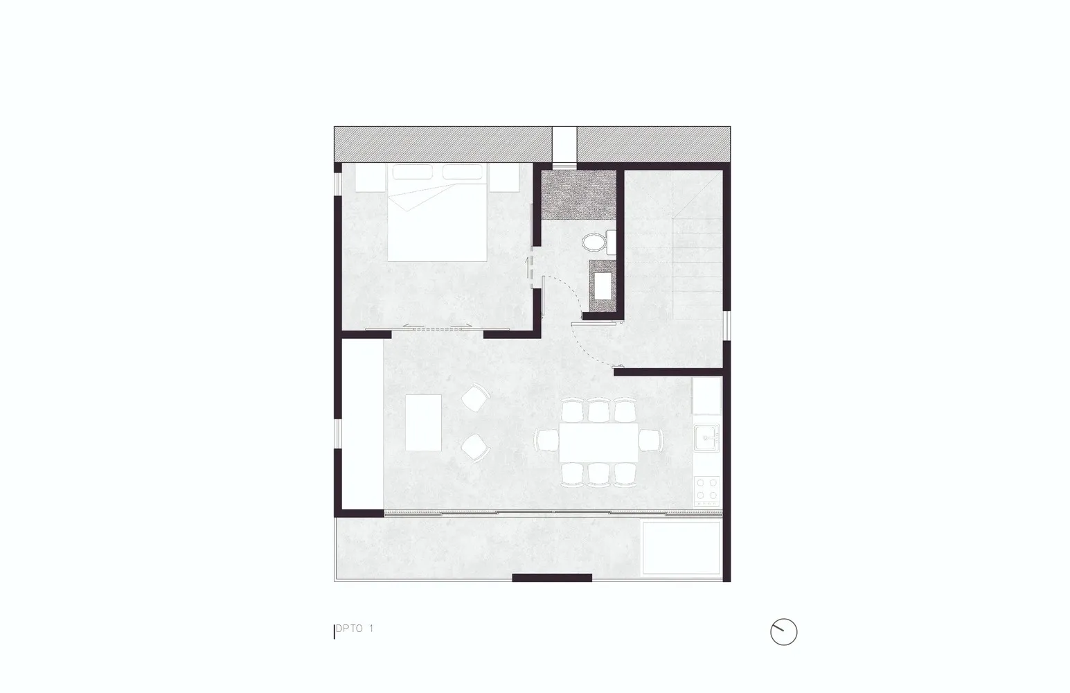 A minimalist bedroom floor plan with a bed, dresser, and nightstand