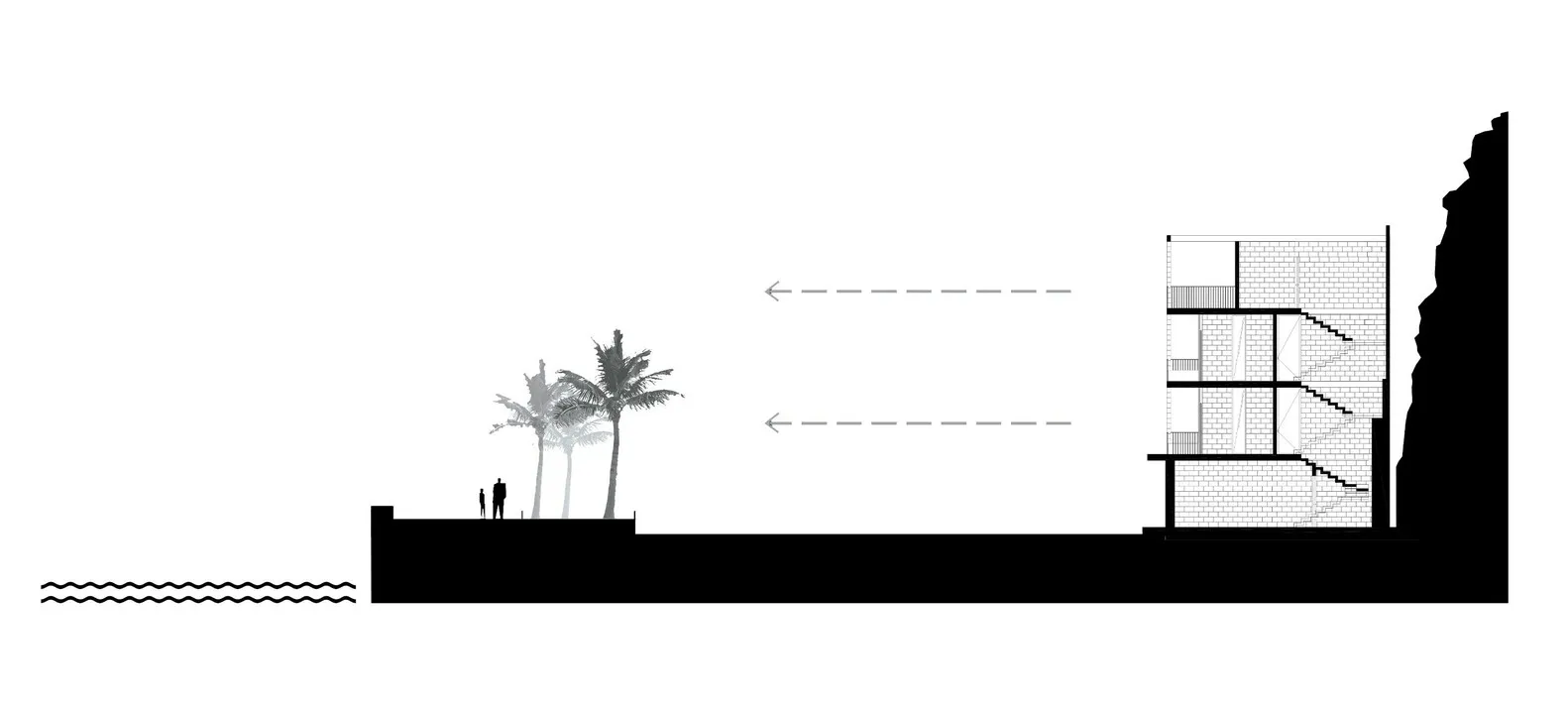 Silhouette of a residential interior designed with brick and concrete materials.