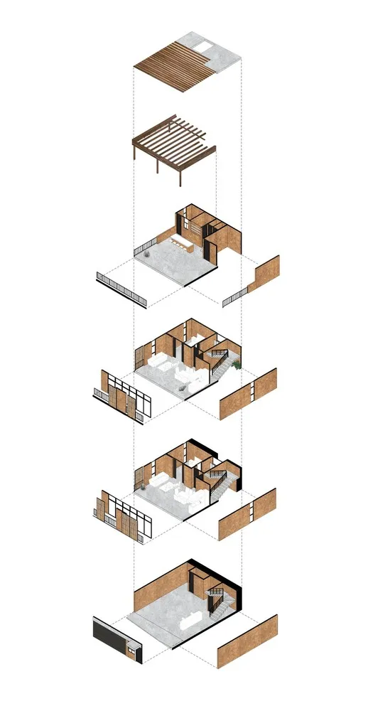 An isometric view of a wooden house floor plan showing different sections and layouts.