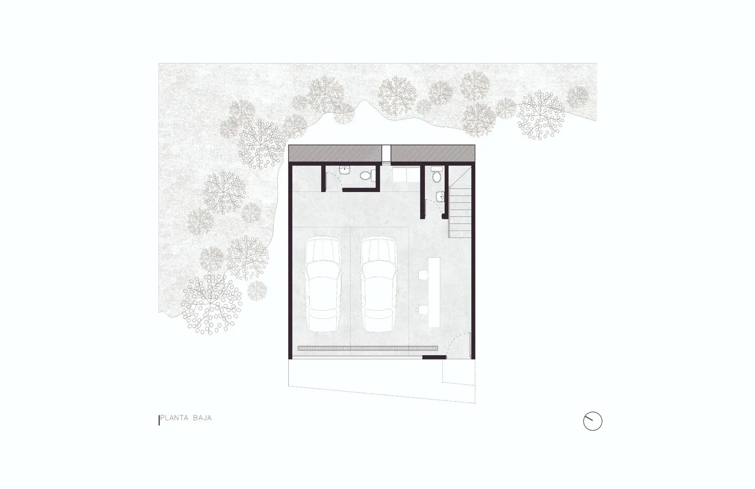 Concrete floor plan for a garage with two cars and storage space