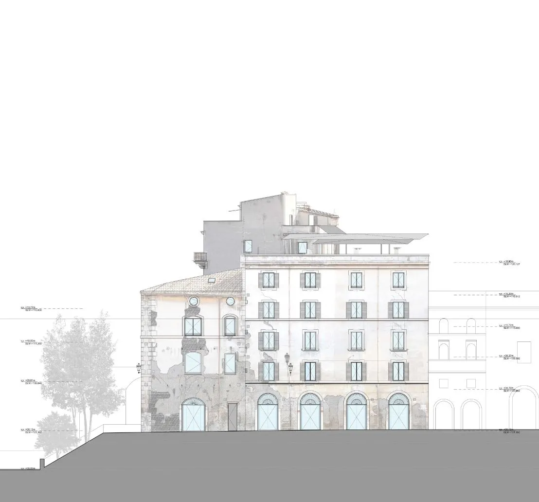 An architectural rendering showcasing the facade of a building undergoing renovation.