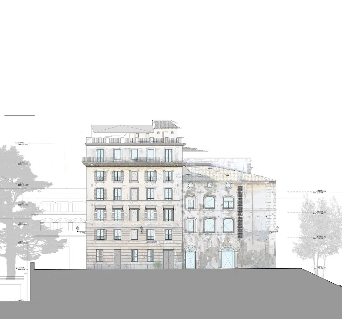 古典建築混凝土外牆與多扇窗戶及陽台的示意圖。