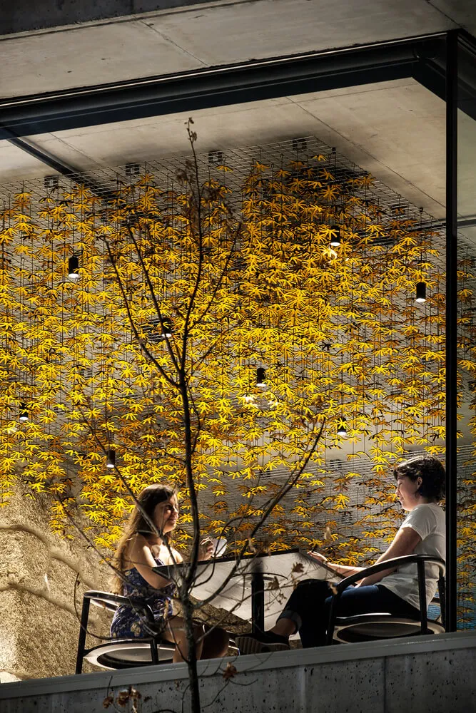 Two individuals seated at a modern restaurant with industrial design elements, including metal chairs and glass walls.