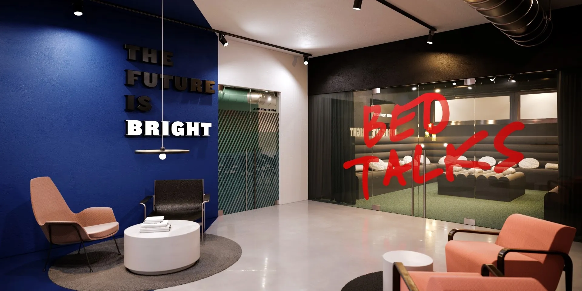 A minimalist lobby featuring concrete walls and furniture with a contemporary design.