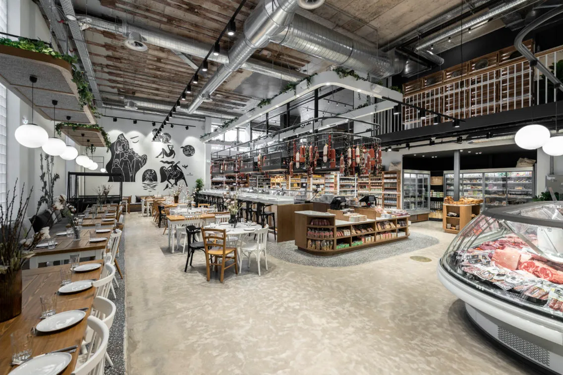 Industrial-themed restaurant with concrete floors and concrete pillars