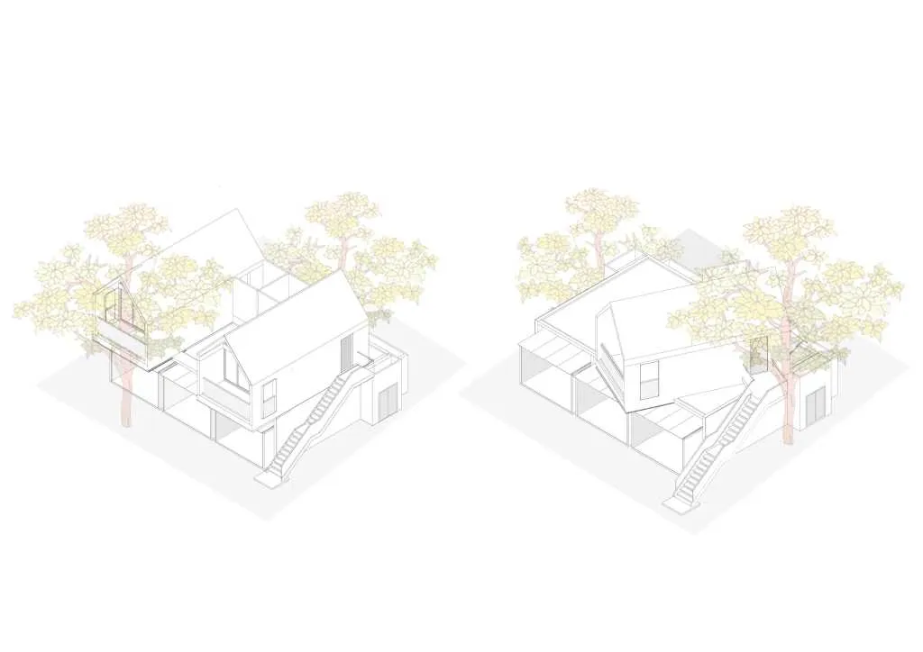 以木質材料打造的現代住宅，特色為單層起居空間上方設有挑高客廳