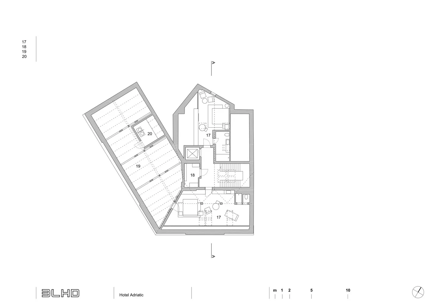 Hotel Adriatic 的詳細 2D 建築平面圖,顯示房間配置與尺寸。