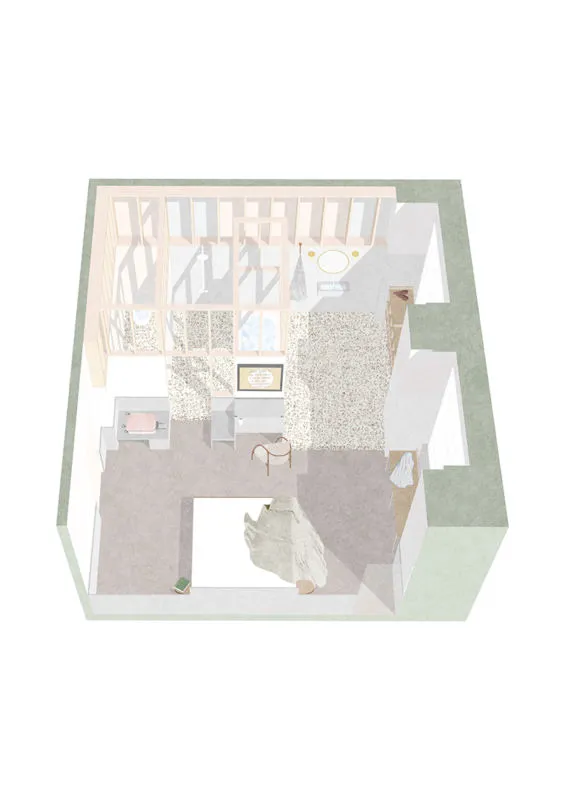A modern living room with wooden flooring, bamboo accents, and a cozy rug. Features include a white wall, a modern sofa, and